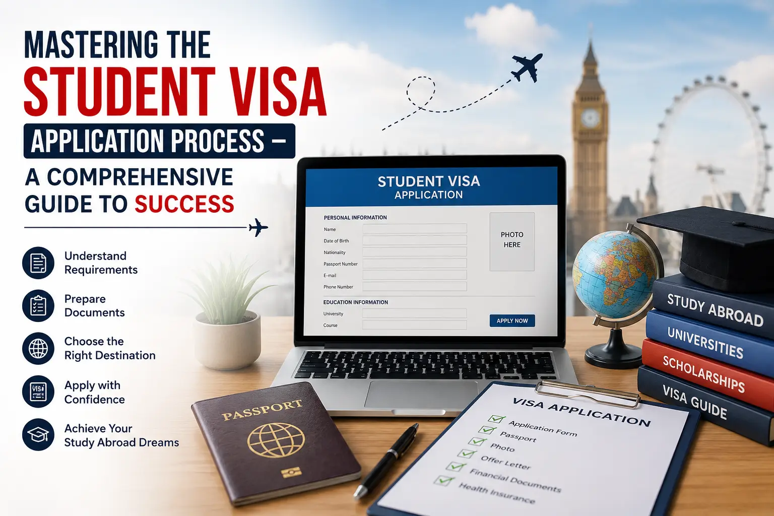 Mastering the Student Visa Application Process – A Comprehensive Guide to Success with passport, visa application form, and study abroad essentials