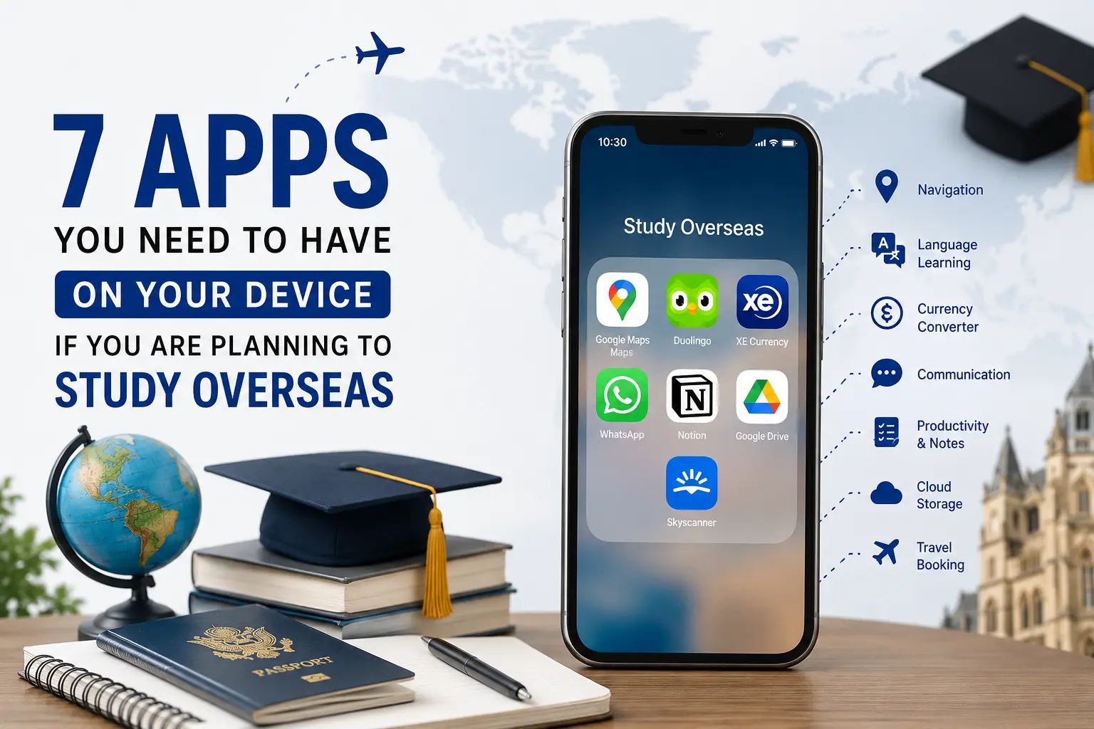 7 essential mobile apps for students planning to study abroad including navigation, language learning, travel, and productivity apps
