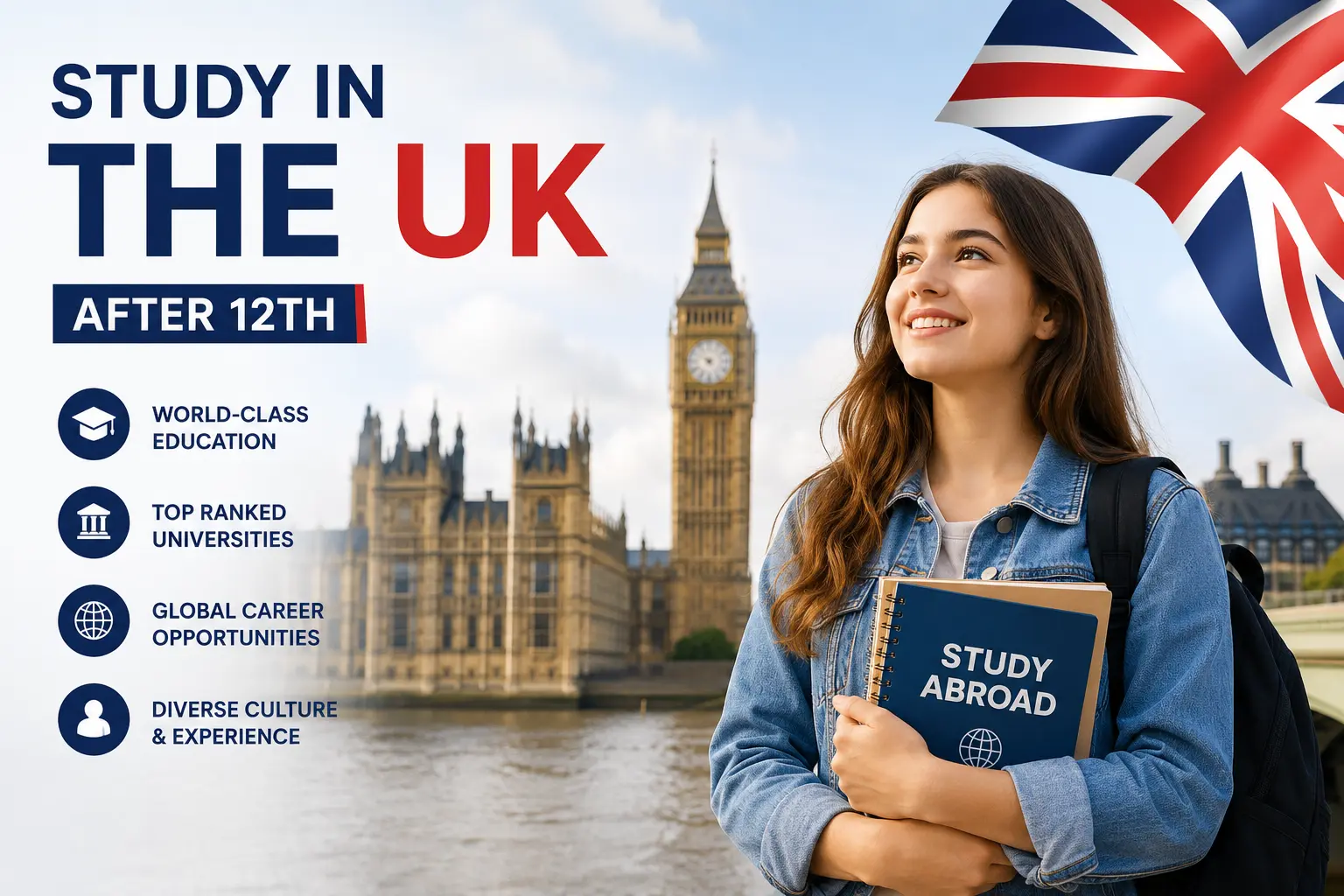 Study in the UK after 12th – Student in London with Big Ben and UK Flag