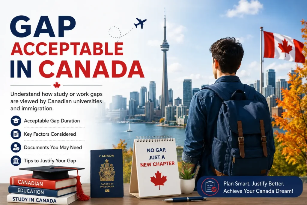 Gap Acceptable in Canada guide for international students with Canada skyline, passport, and student backpack