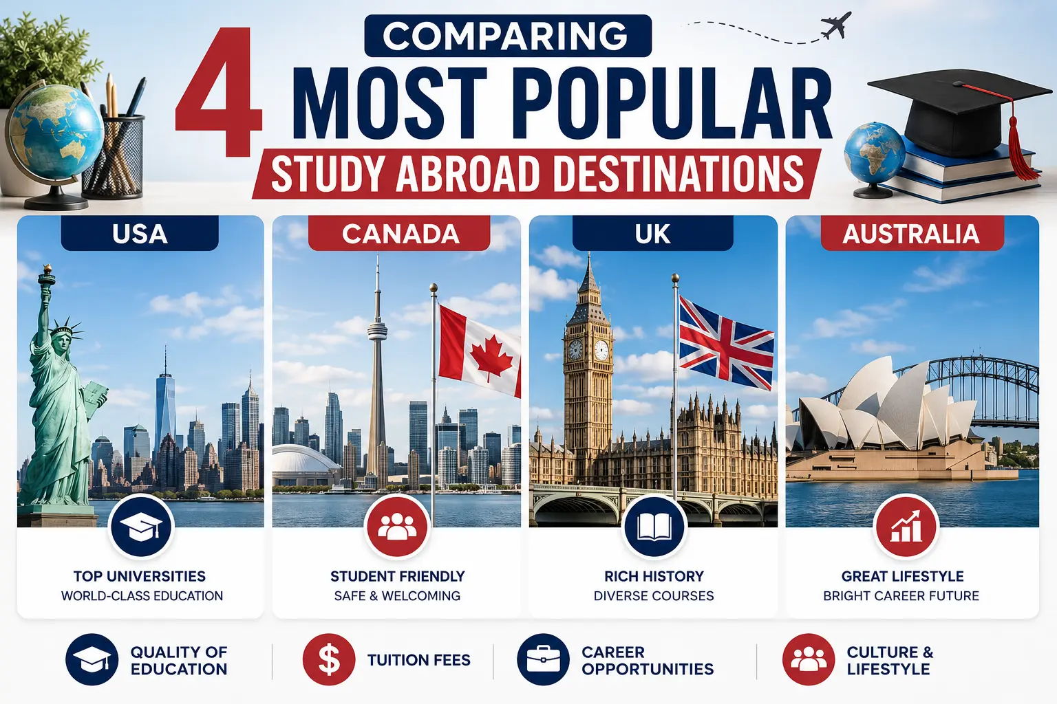 Comparing 4 Most Popular Study Abroad Destinations – USA, Canada, UK, and Australia