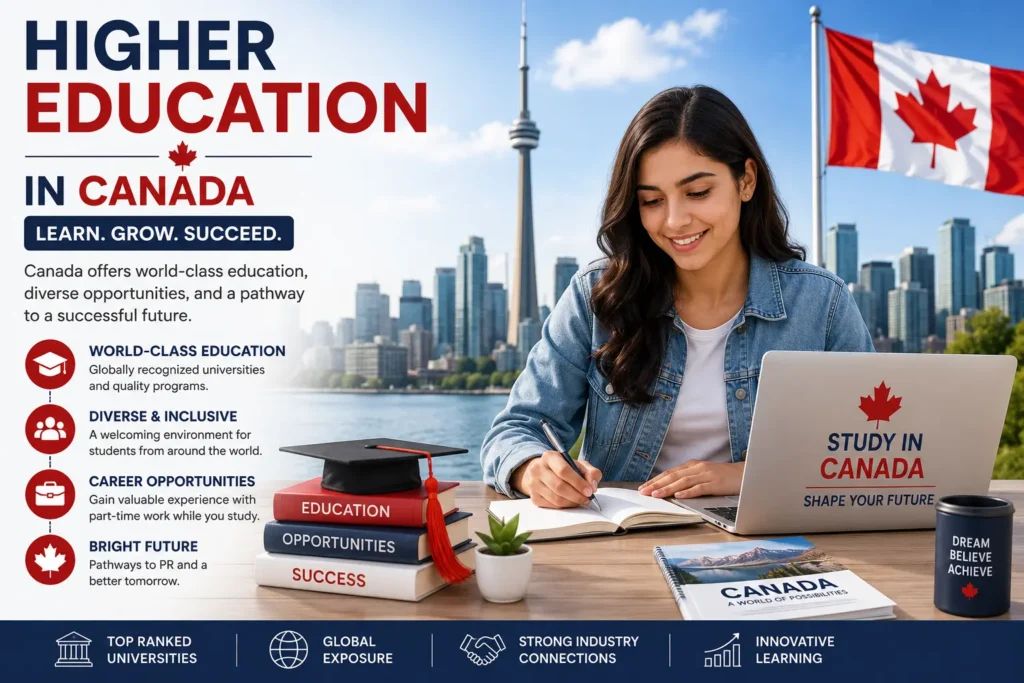 Higher education in Canada for international students with university, Canadian flag, and student studying