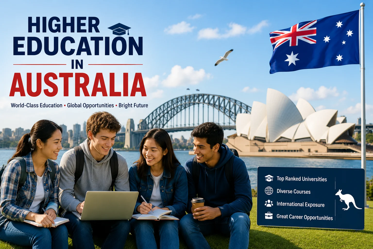 Students studying at an Australian university campus with the Sydney Opera House and Australian flag representing higher education in Australia.
