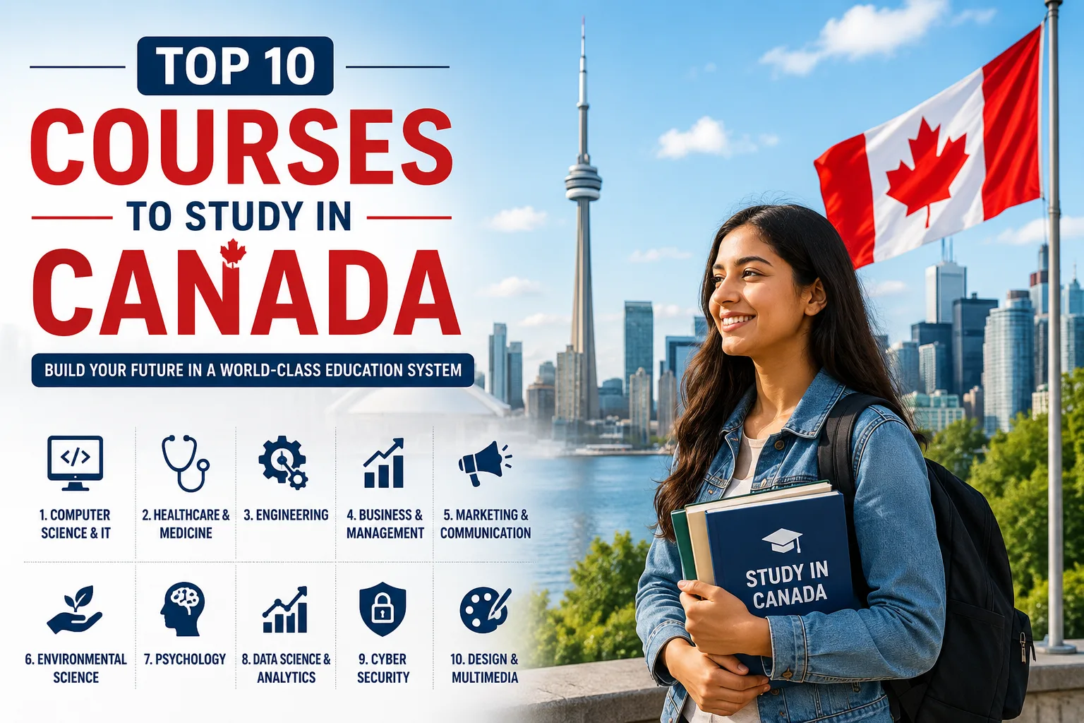 Top 10 courses to study in Canada for international students including Computer Science, Engineering, Business, Healthcare, and Data Science.