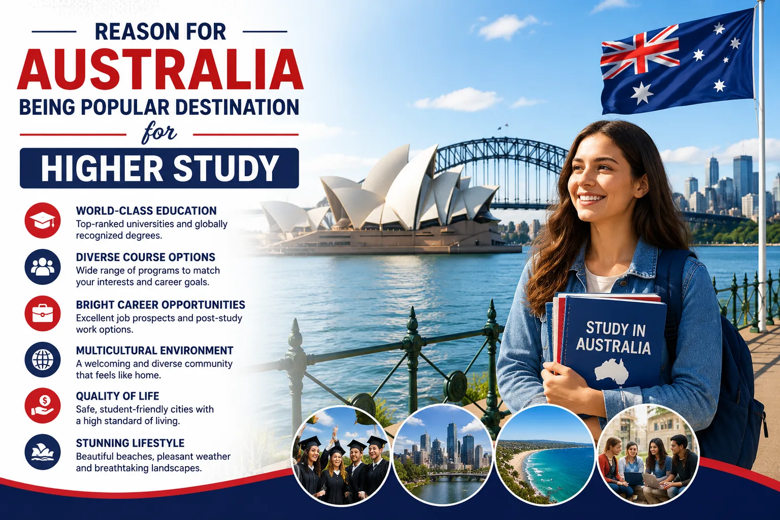 Reasons for Australia being a popular destination for higher study including world-class universities, career opportunities, and student-friendly lifestyle.