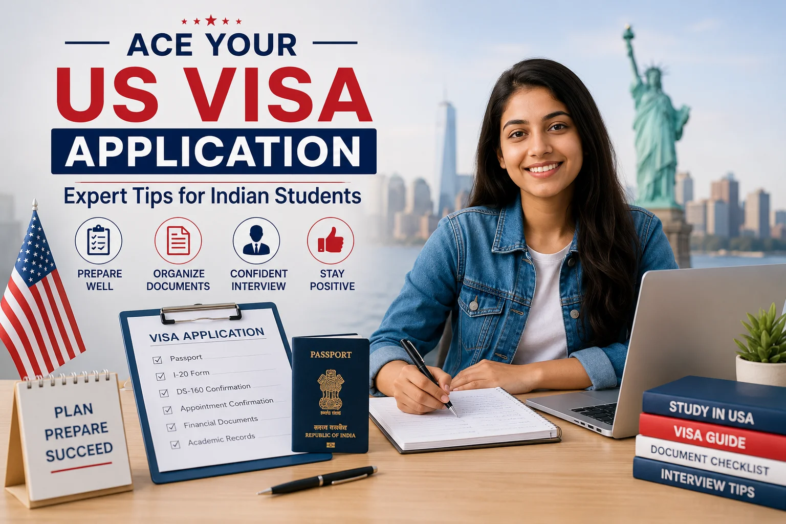 Indian student preparing for a US student visa application with passport, documents, and laptop for studying in the USA