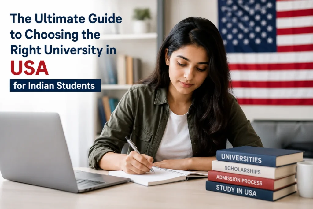 Indian student choosing the right university in the USA for higher education using a laptop and study resources