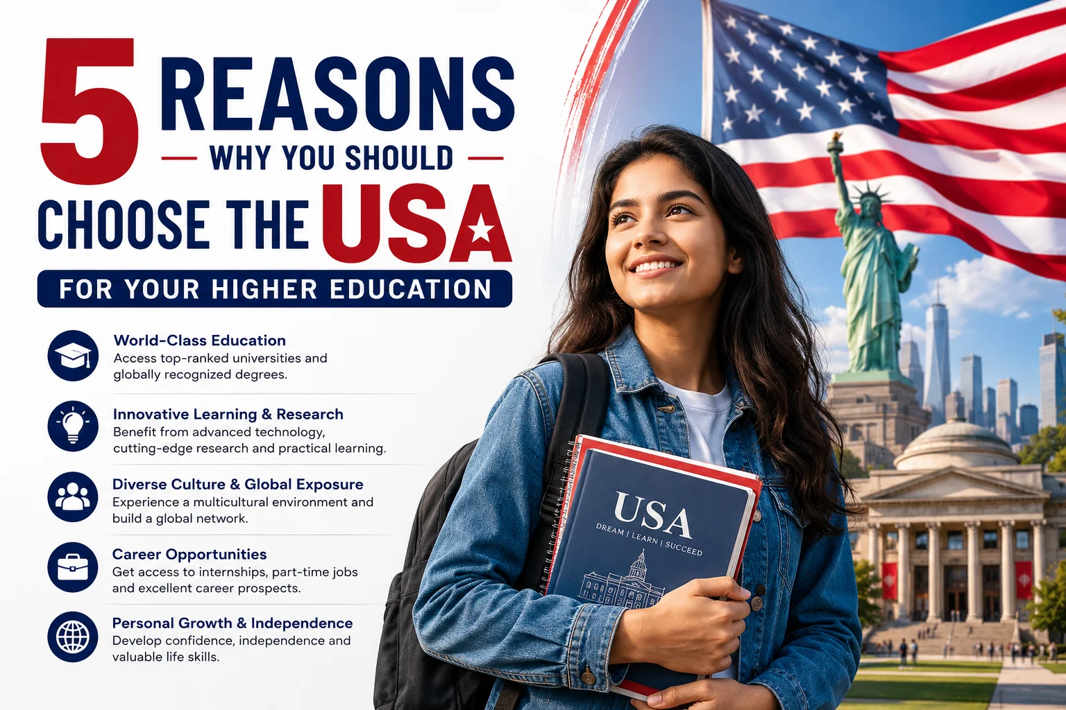 5 reasons to choose the USA for higher education featuring an international student at a US university campus