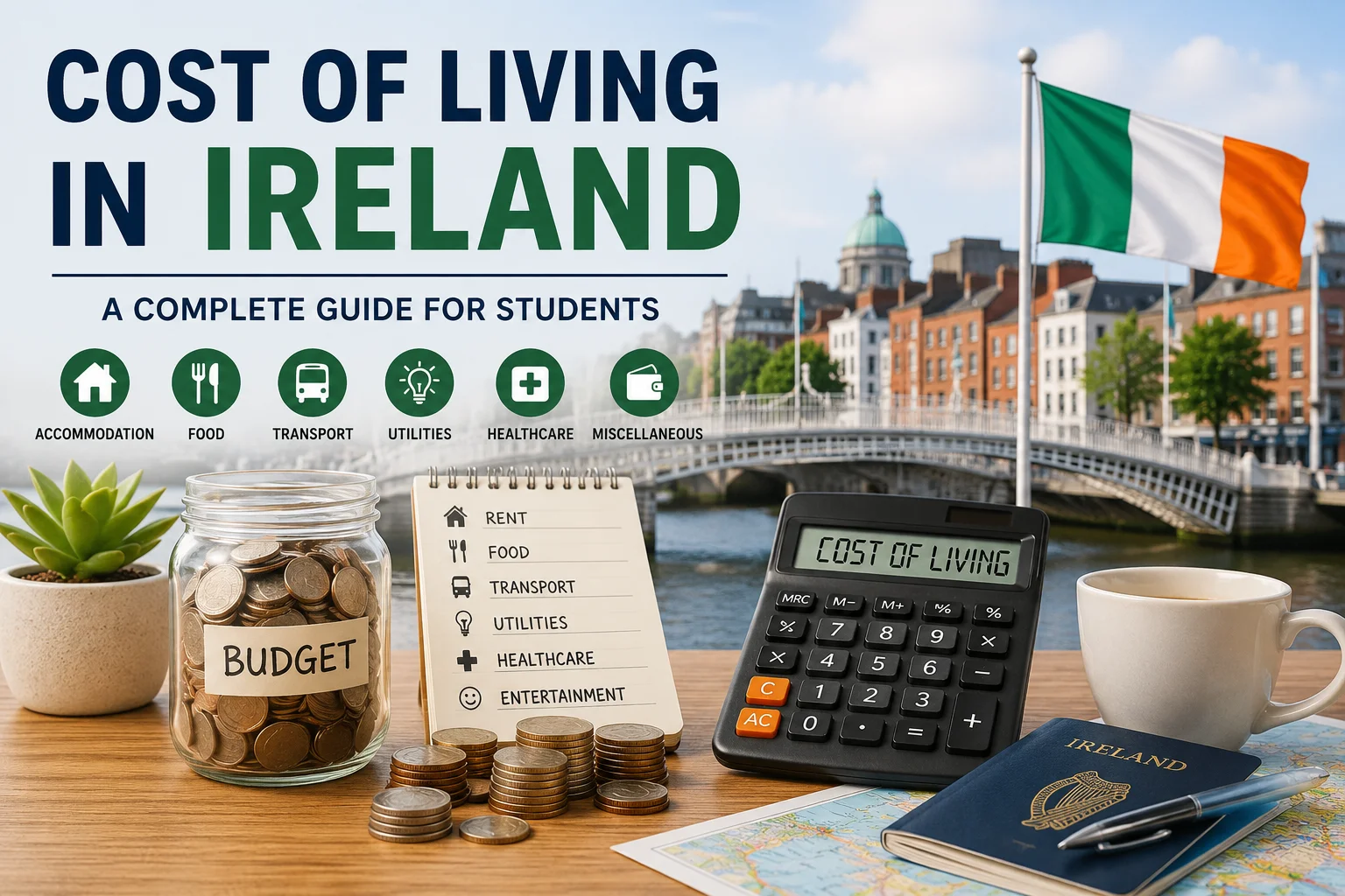 Budget planning for international students showing the cost of living in Ireland with accommodation, food, transport, and daily expenses