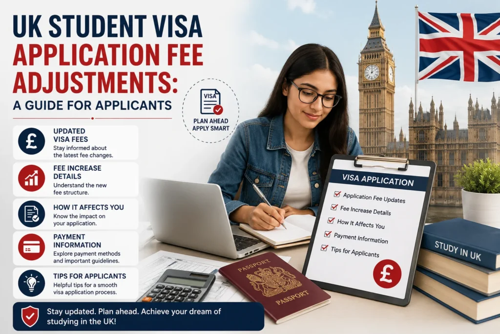 UK Student Visa Application Fee Adjustments guide with passport, visa documents, and application fee planning for international students.
