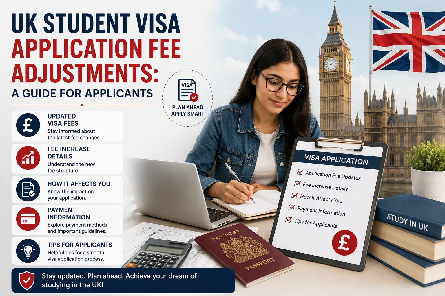 UK Student Visa Application Fee Adjustments guide with passport, visa documents, and application fee planning for international students.