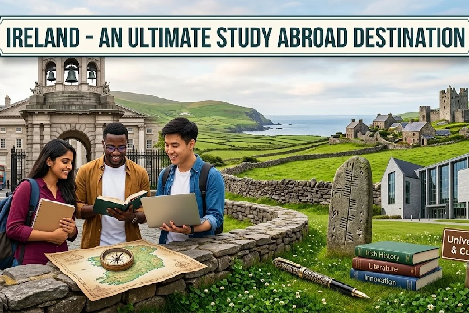 International students studying in Ireland with iconic Irish landmarks, modern universities, and a vibrant campus environment, representing Ireland as a top study abroad destination.