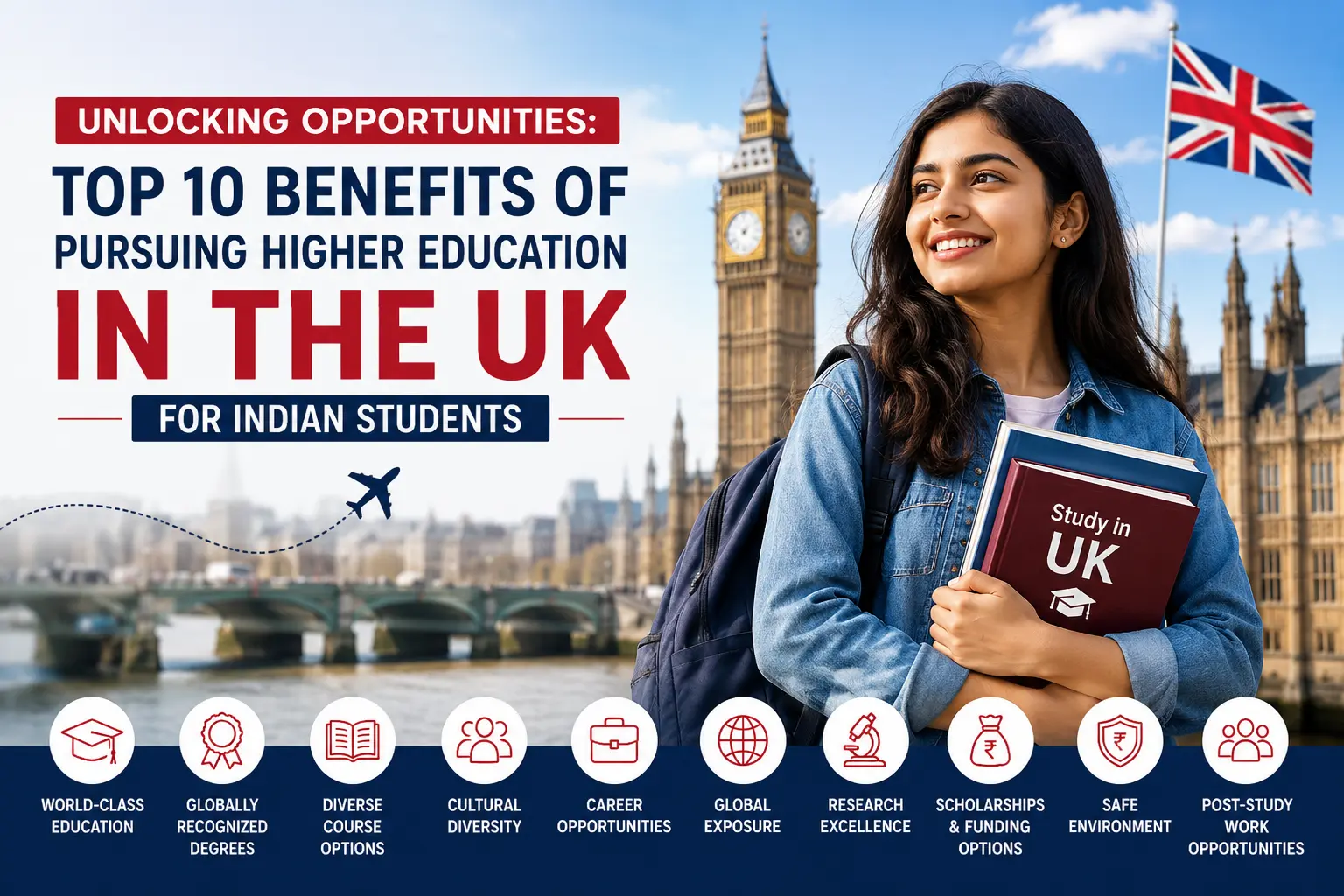 Unlocking Opportunities: Top 10 Benefits of Pursuing Higher Education in the UK for Indian Students featuring a student with London landmarks