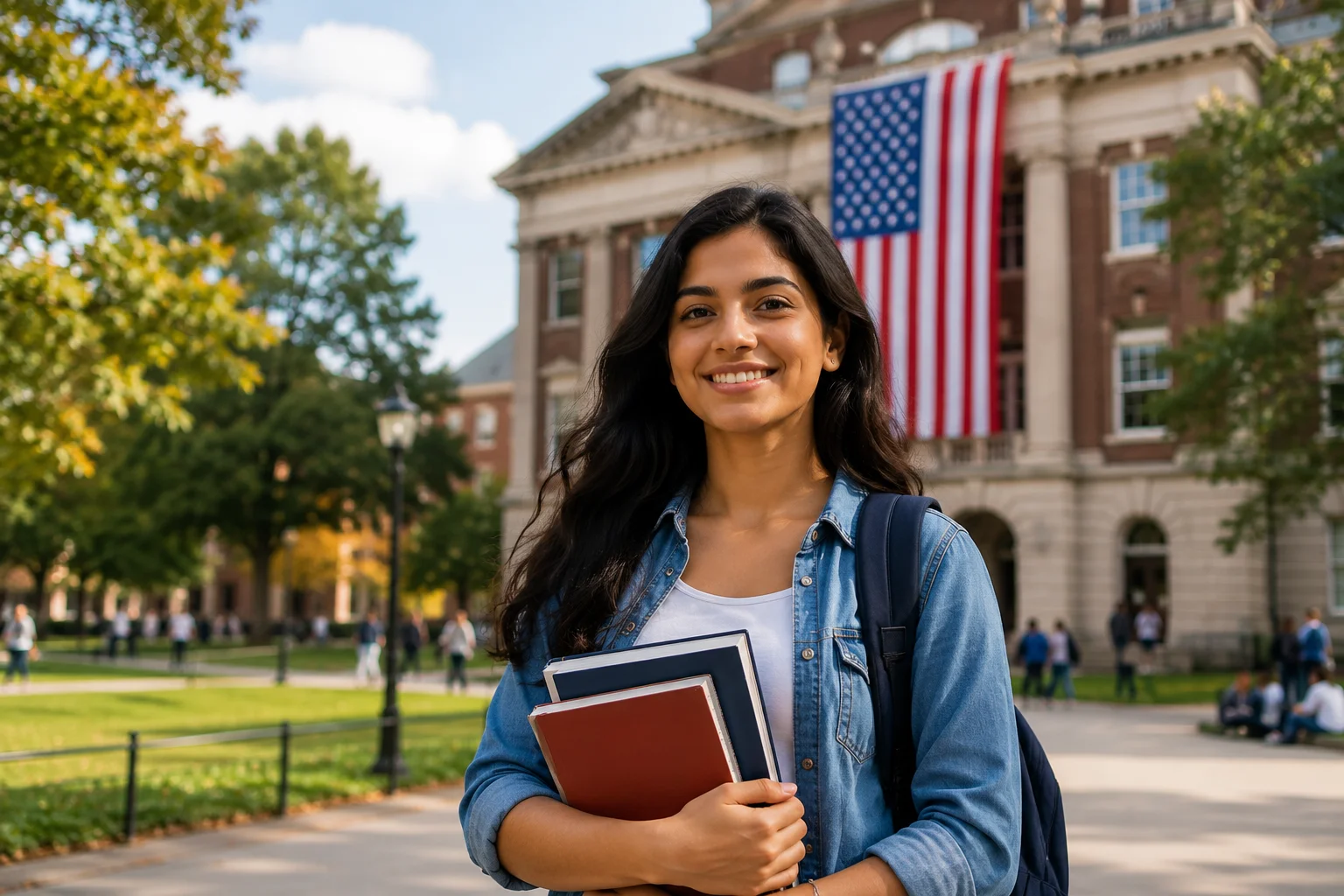 International student on a USA university campus holding books with an American flag representing studying in the USA and student visa guidance