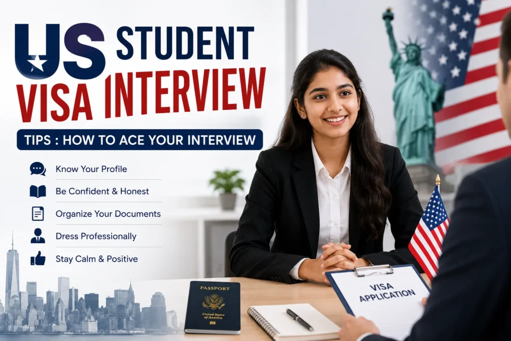 US student visa interview tips showing a student attending a US F-1 visa interview with a visa officer