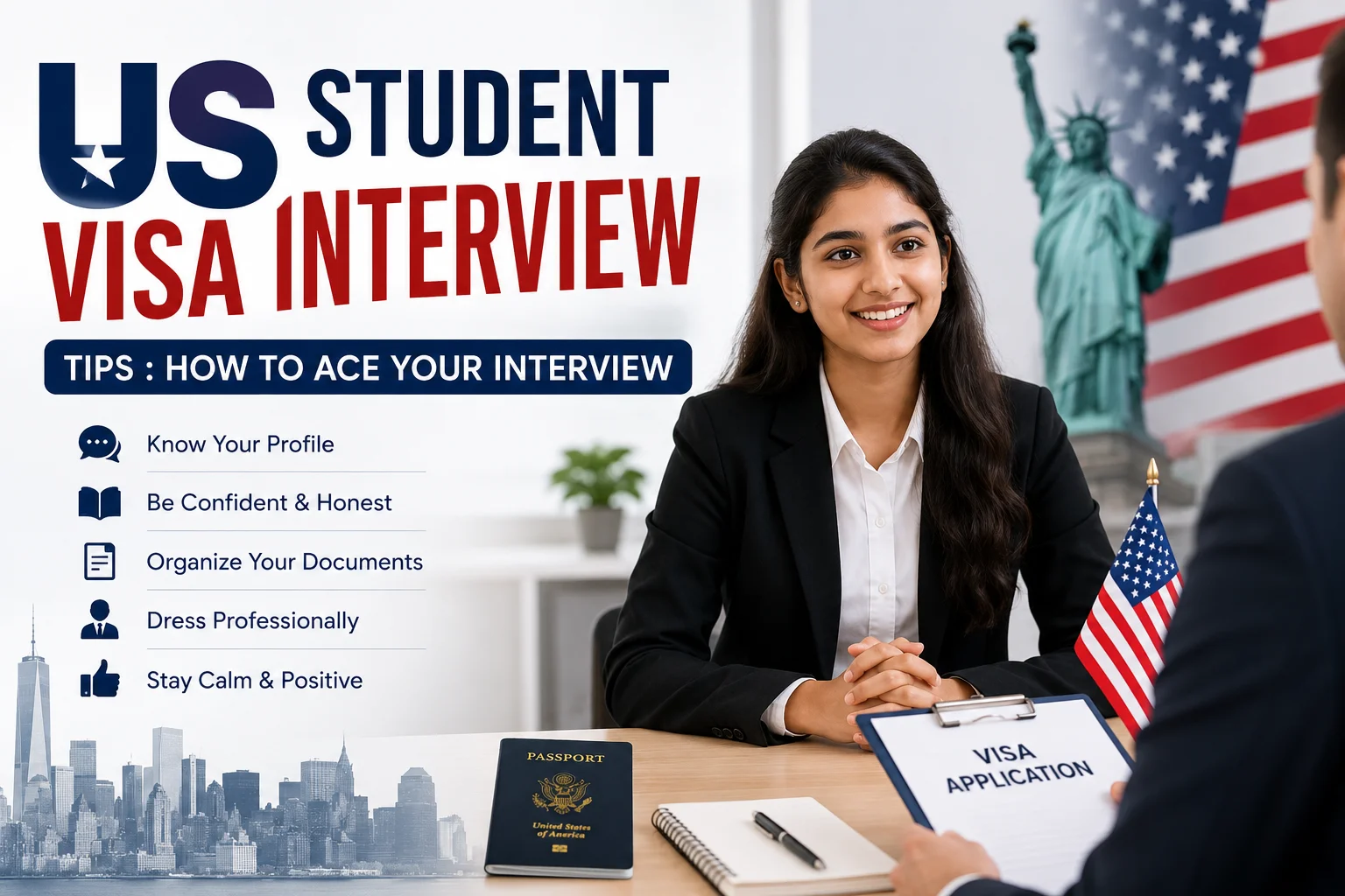 US student visa interview tips showing a student attending a US F-1 visa interview with a visa officer