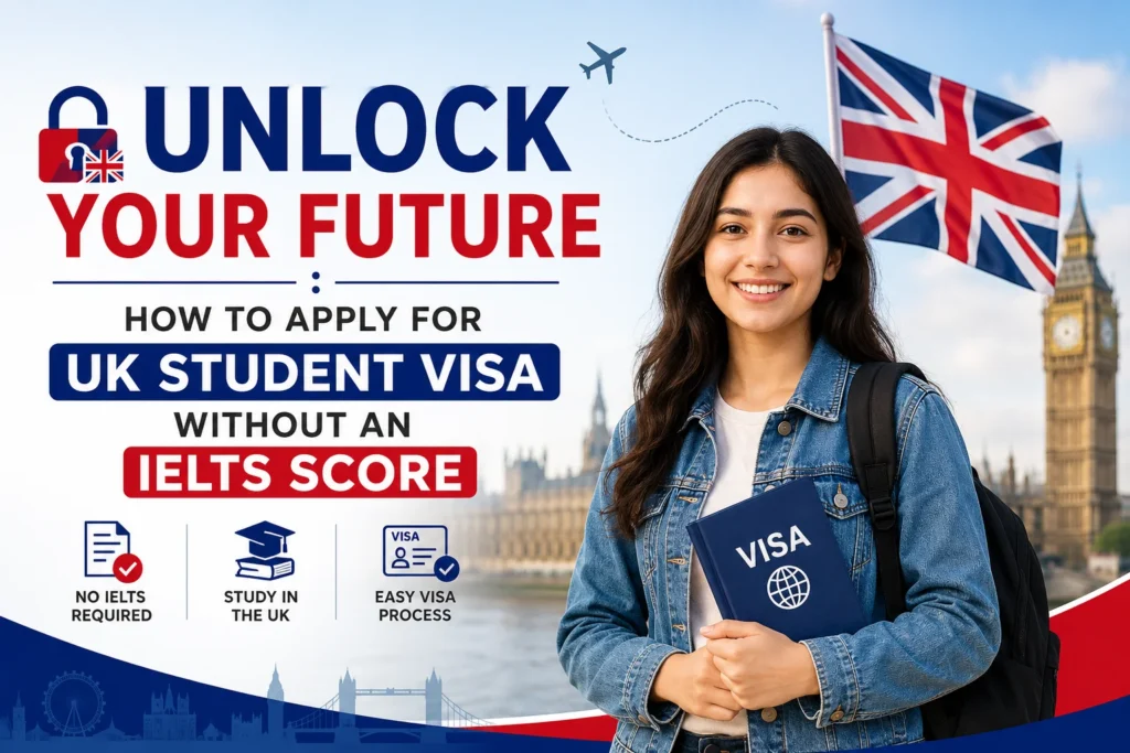 Student holding a visa passport with UK flag representing how to apply for a UK student visa without an IELTS score