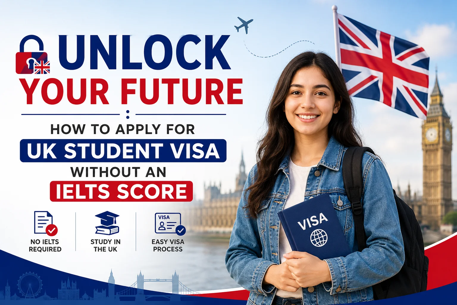 Student holding a visa passport with UK flag representing how to apply for a UK student visa without an IELTS score