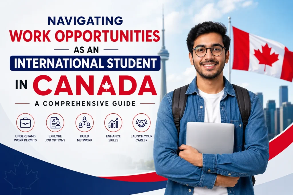 International student exploring work opportunities in Canada with laptop and Canadian flag