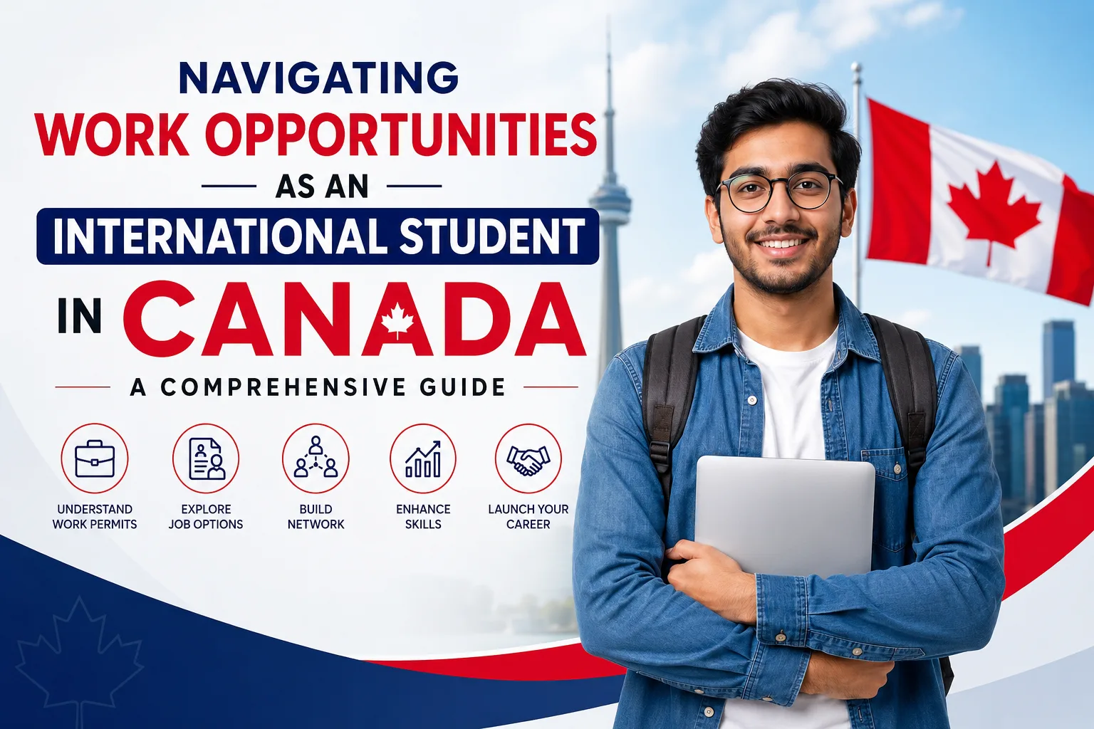 International student exploring work opportunities in Canada with laptop and Canadian flag