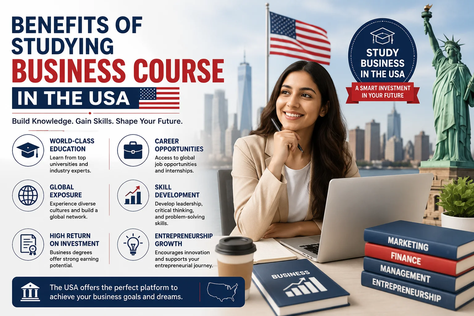 Benefits of Studying Business Course in the USA featuring business student, career opportunities, world-class education, and global business skills.