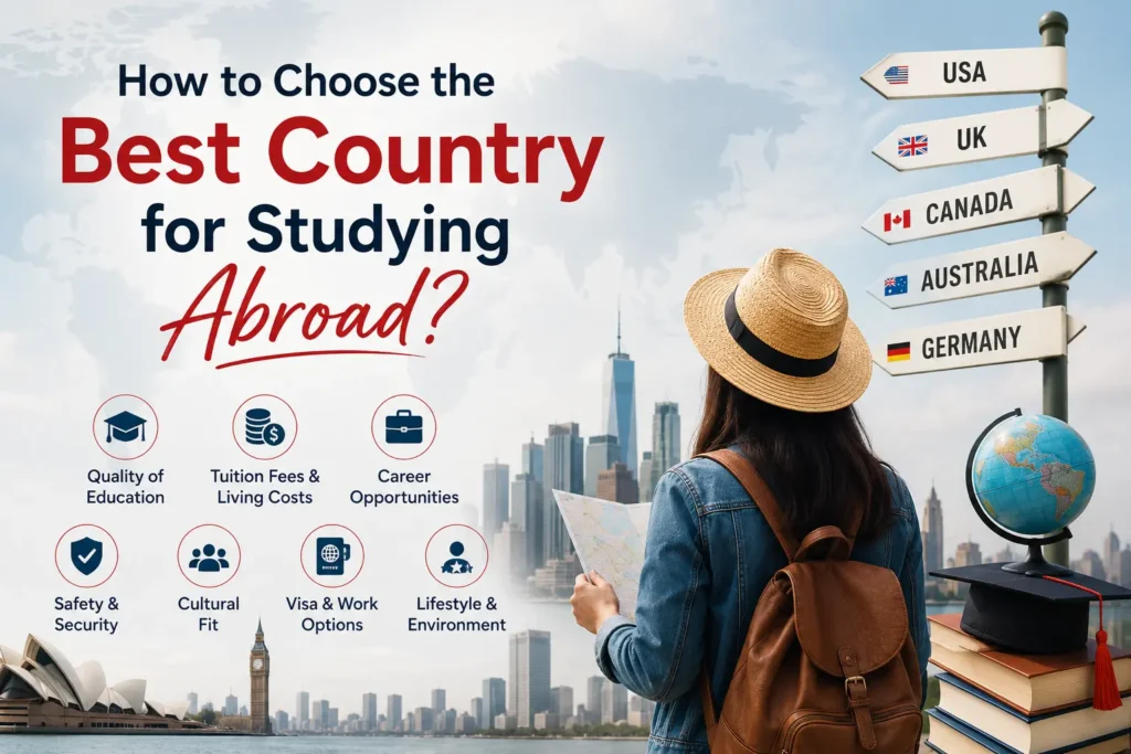 Student choosing the best country for studying abroad by comparing education quality, tuition fees, visa options, and career opportunities