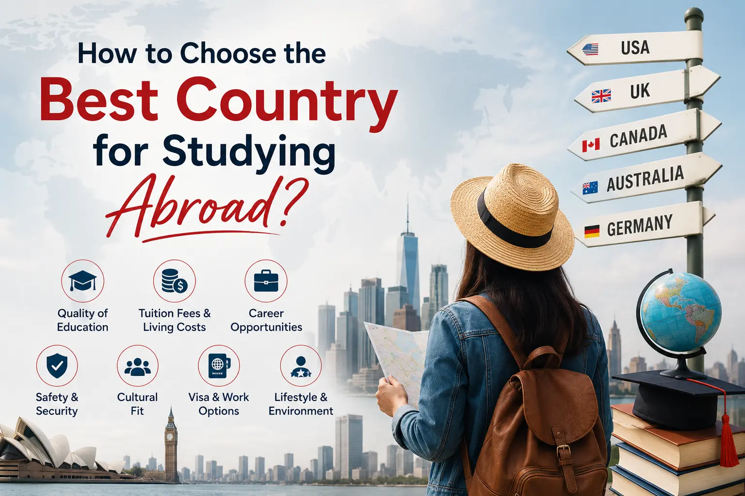 Student choosing the best country for studying abroad by comparing education quality, tuition fees, visa options, and career opportunities