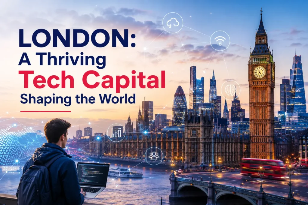 London: A Thriving Tech Capital Shaping the World – London skyline with Big Ben, modern skyscrapers, and digital technology concept