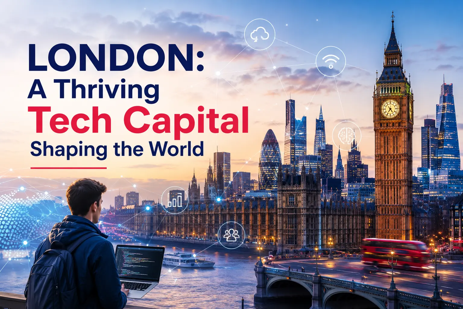 London: A Thriving Tech Capital Shaping the World – London skyline with Big Ben, modern skyscrapers, and digital technology concept
