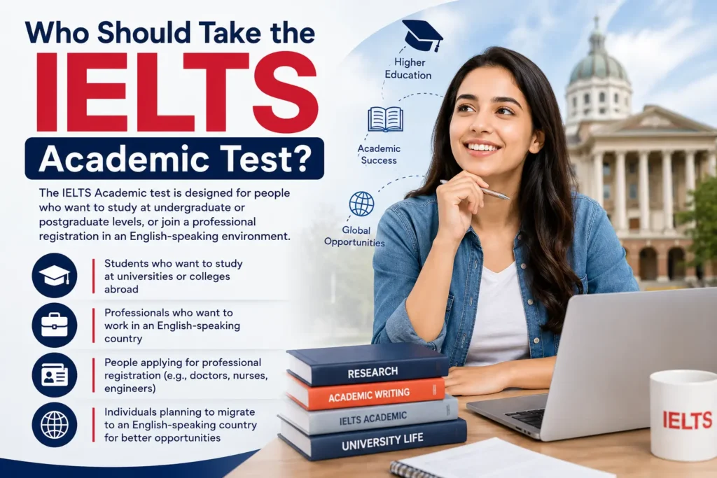 Who Should Take the IELTS Academic Test? Student preparing for IELTS Academic with study abroad and higher education concepts