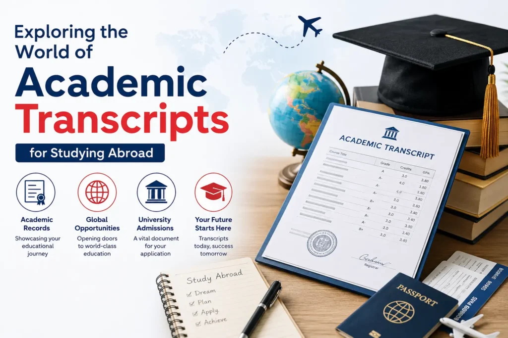 Exploring the World of Academic Transcripts for Studying Abroad infographic featuring an academic transcript, graduation cap, passport, globe, and university admission documents.