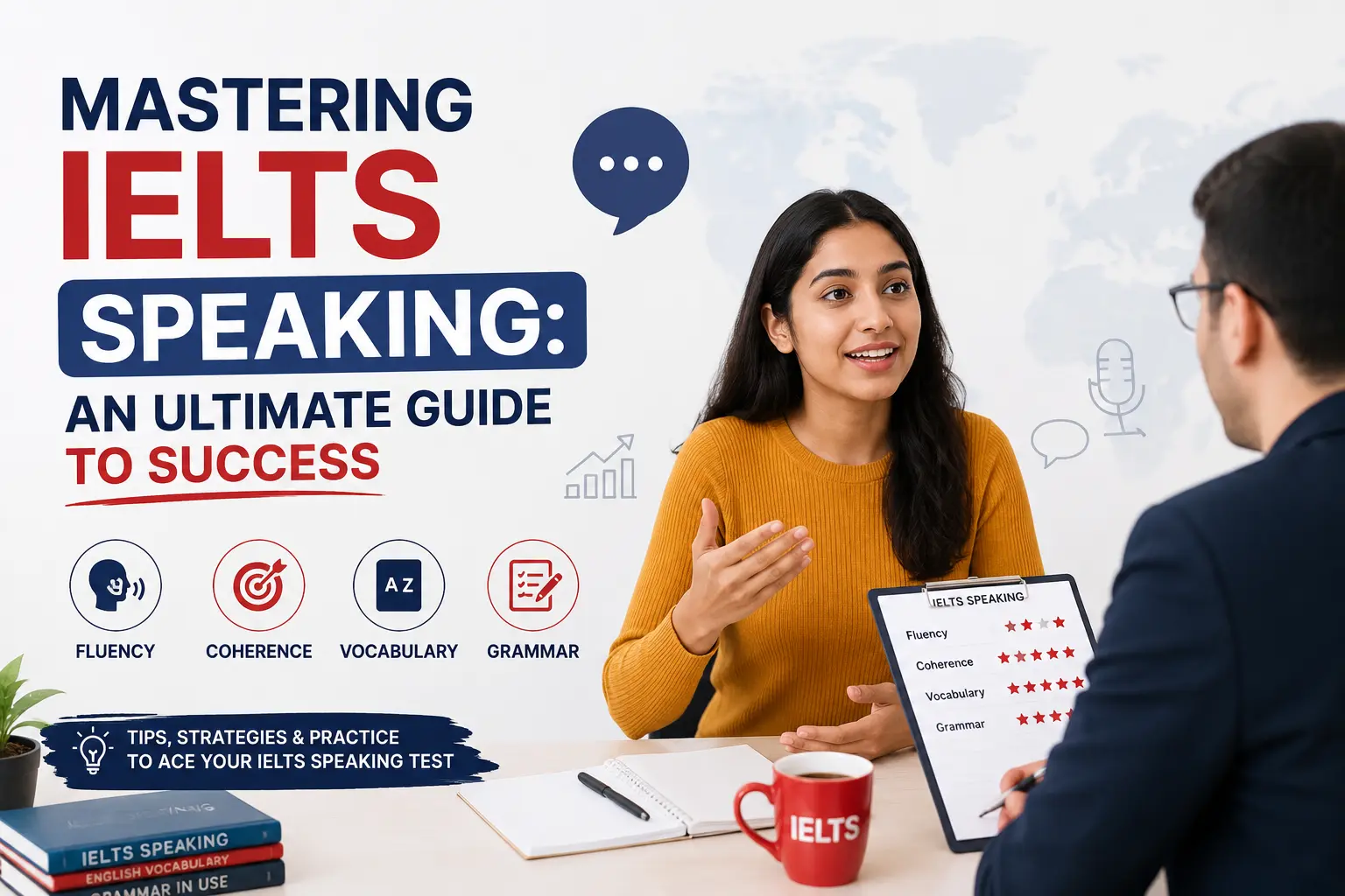 Student practicing IELTS Speaking with an examiner during an interview for the ultimate guide to IELTS Speaking success.