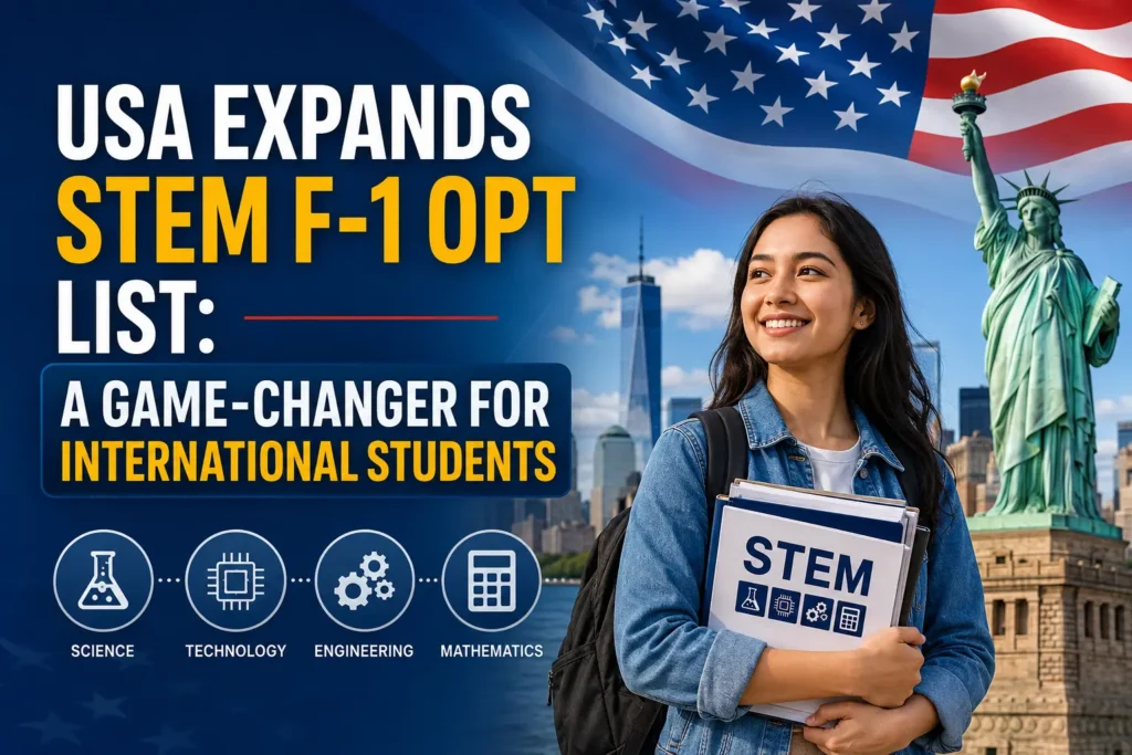 USA Expands STEM F-1 OPT List: A Game-Changer for International Students featuring the Statue of Liberty and a student holding STEM books.