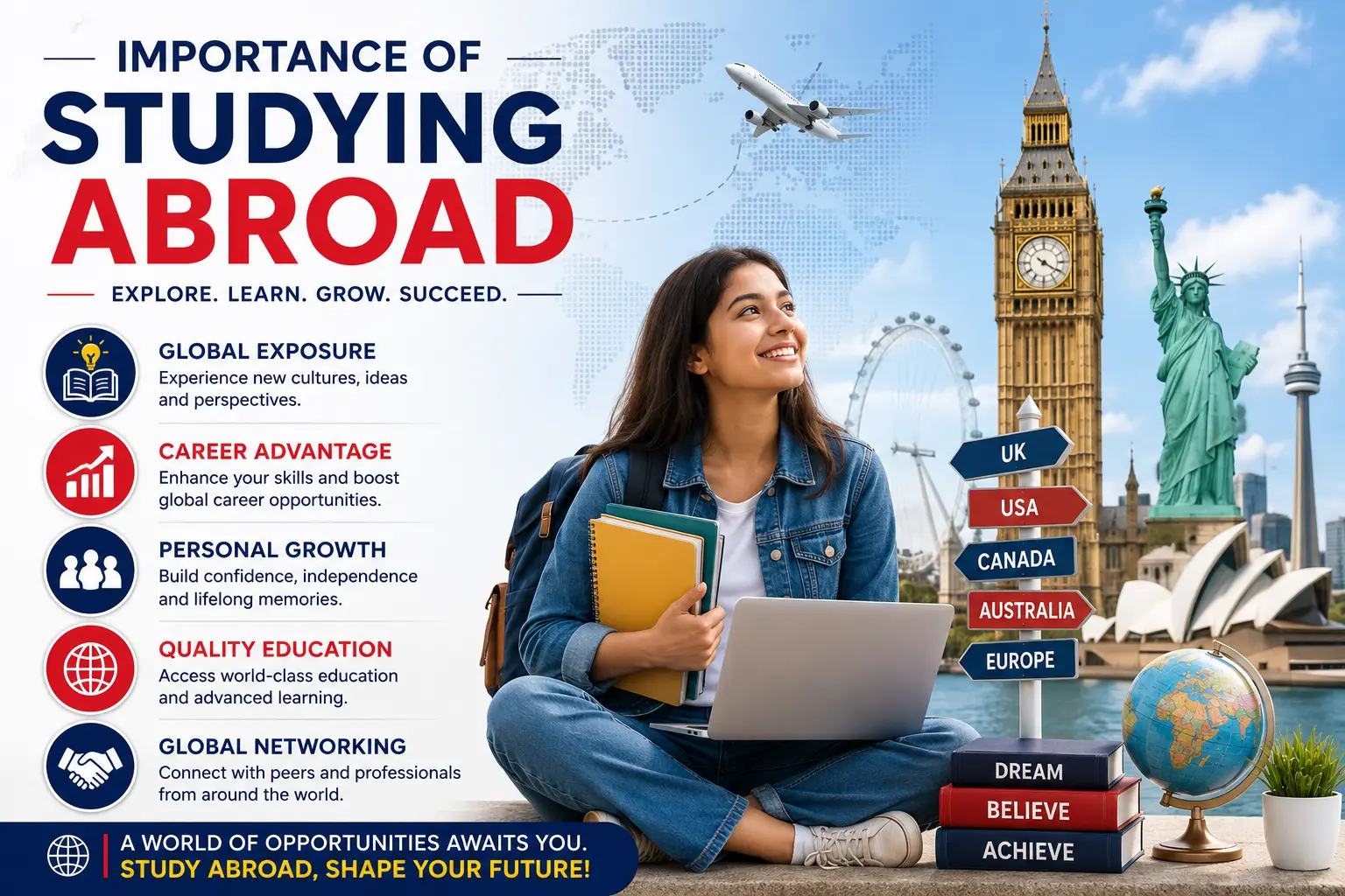 Importance of studying abroad with global education opportunities, international student, world landmarks, and career growth.