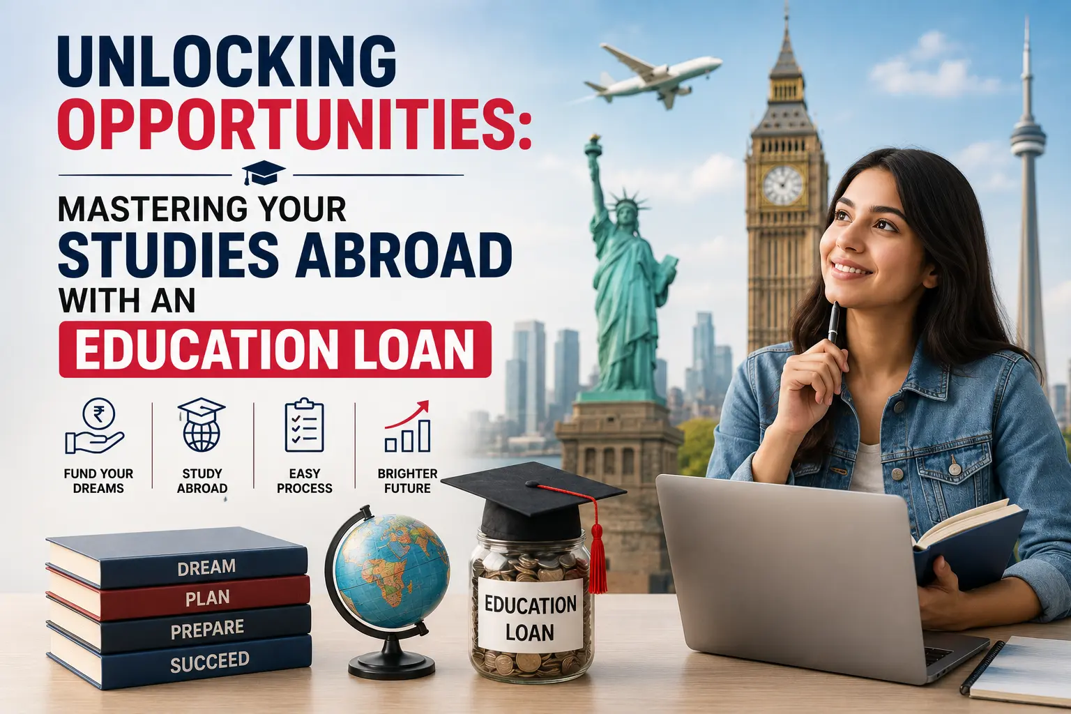 Student planning to study abroad with an education loan and graduation cap representing overseas education opportunities