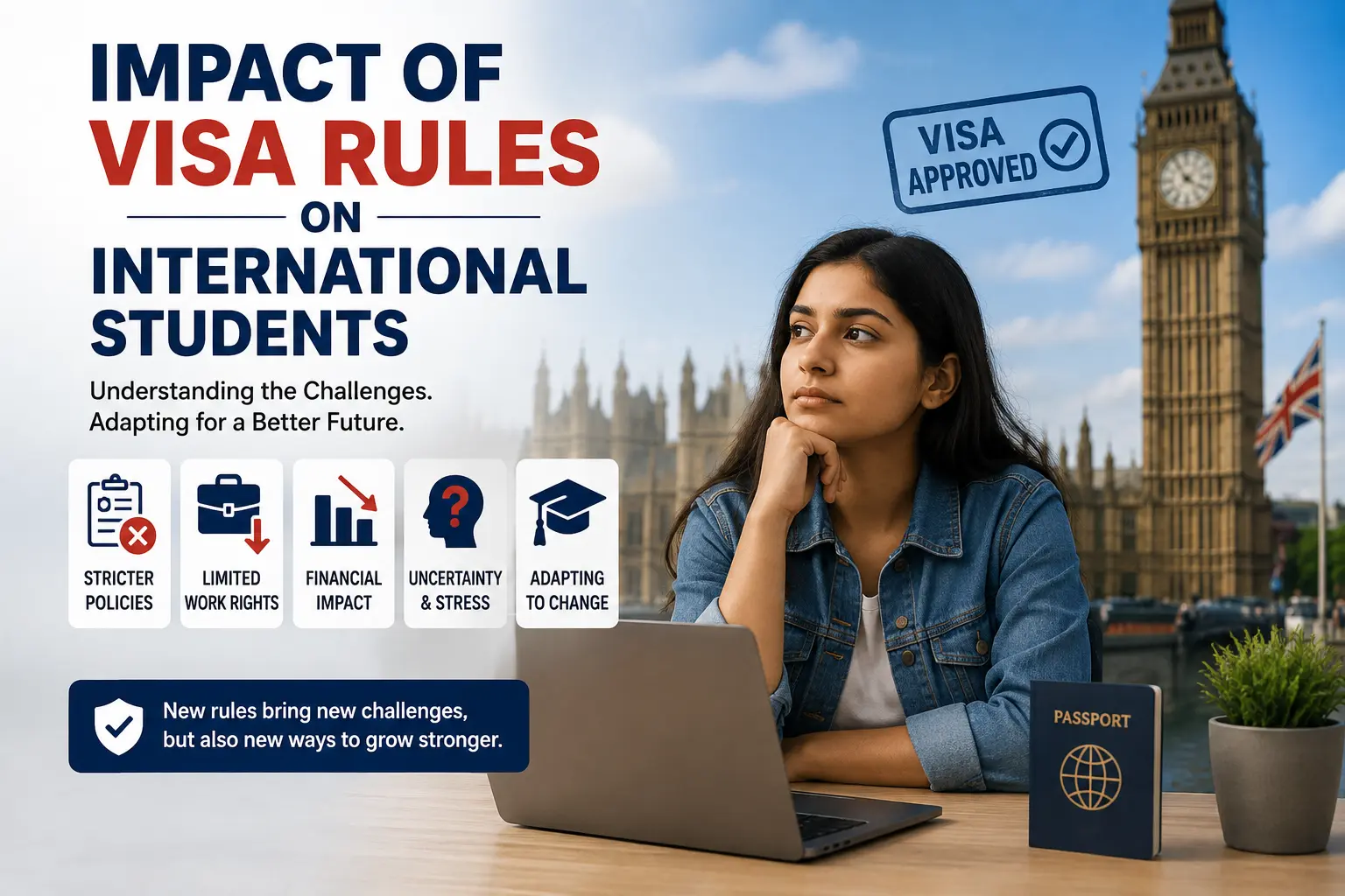 Impact of Visa Rules on International Students blog featured image showing an international student with a passport, laptop, and UK immigration theme.
