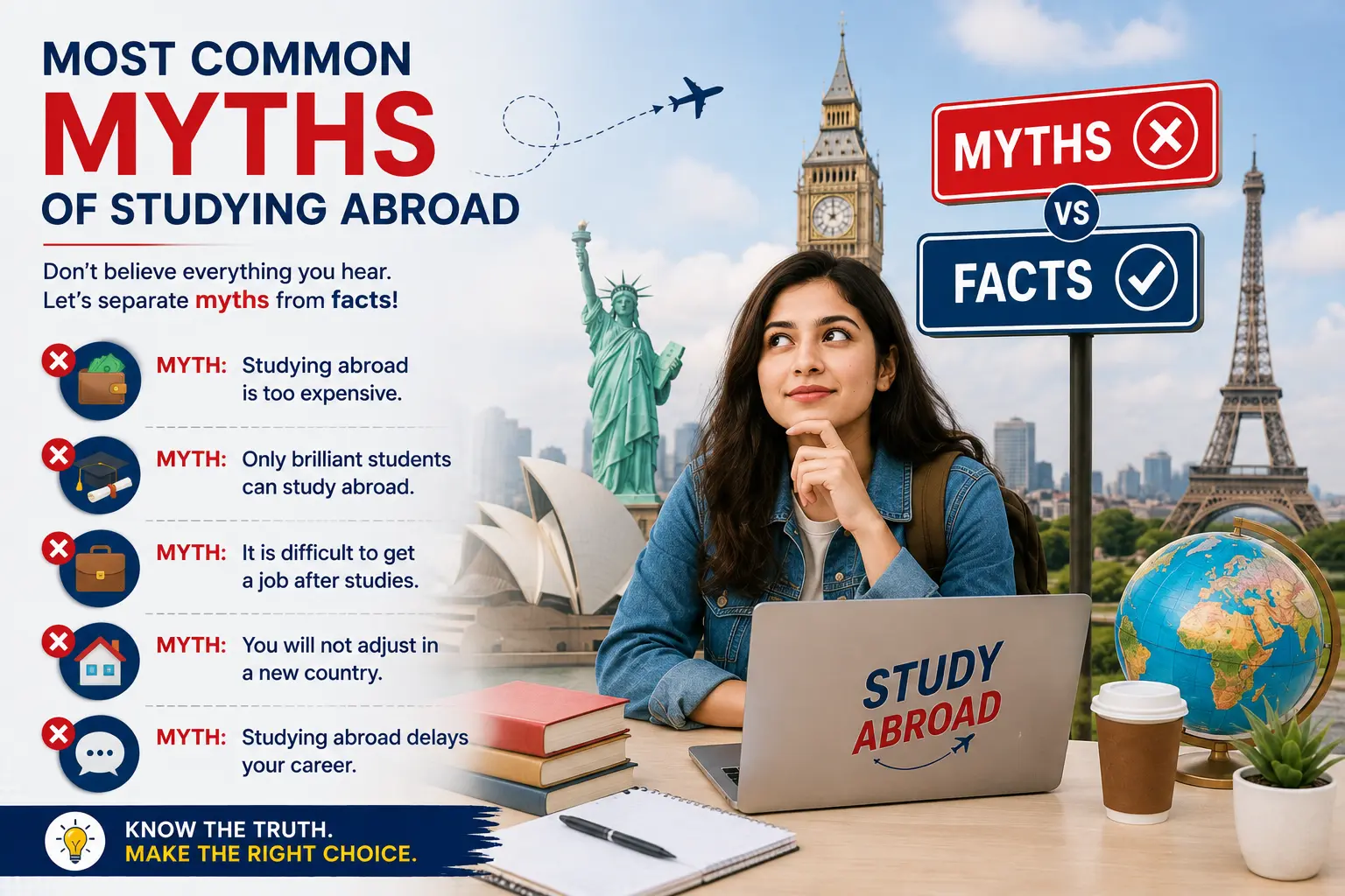 Most Common Myths of Studying Abroad with myths vs facts, international student, global education, and study abroad opportunities.