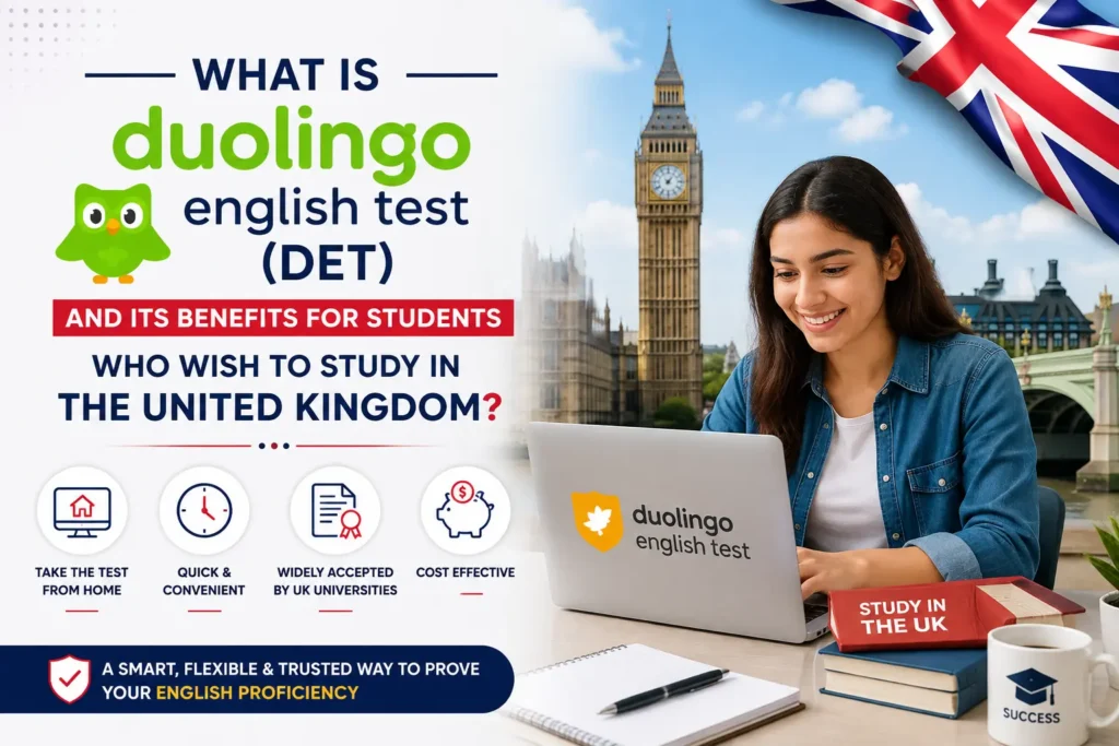 Duolingo English Test (DET) for studying in the United Kingdom with online exam, UK universities, and English proficiency assessment.
