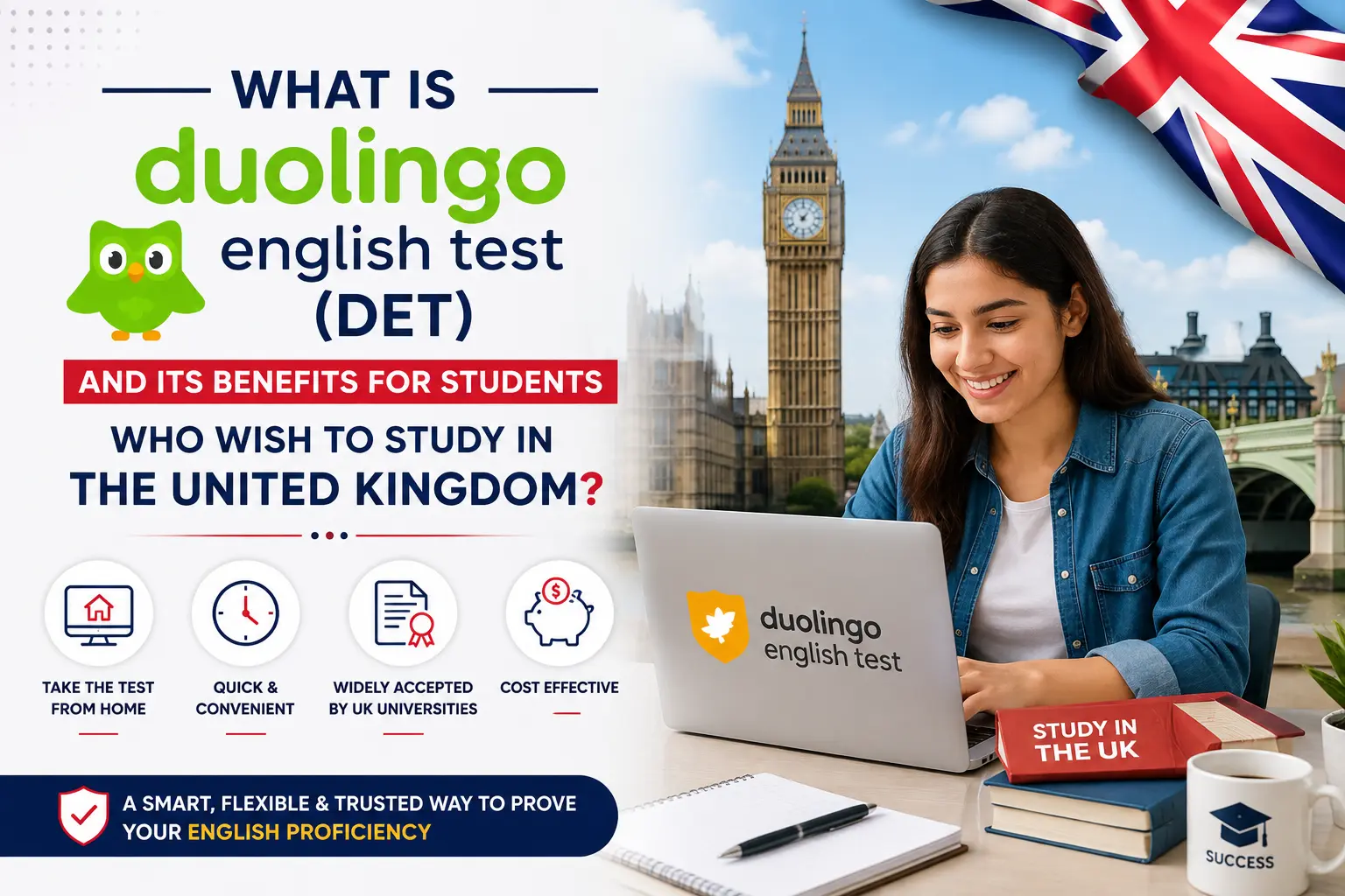 Duolingo English Test (DET) for studying in the United Kingdom with online exam, UK universities, and English proficiency assessment.