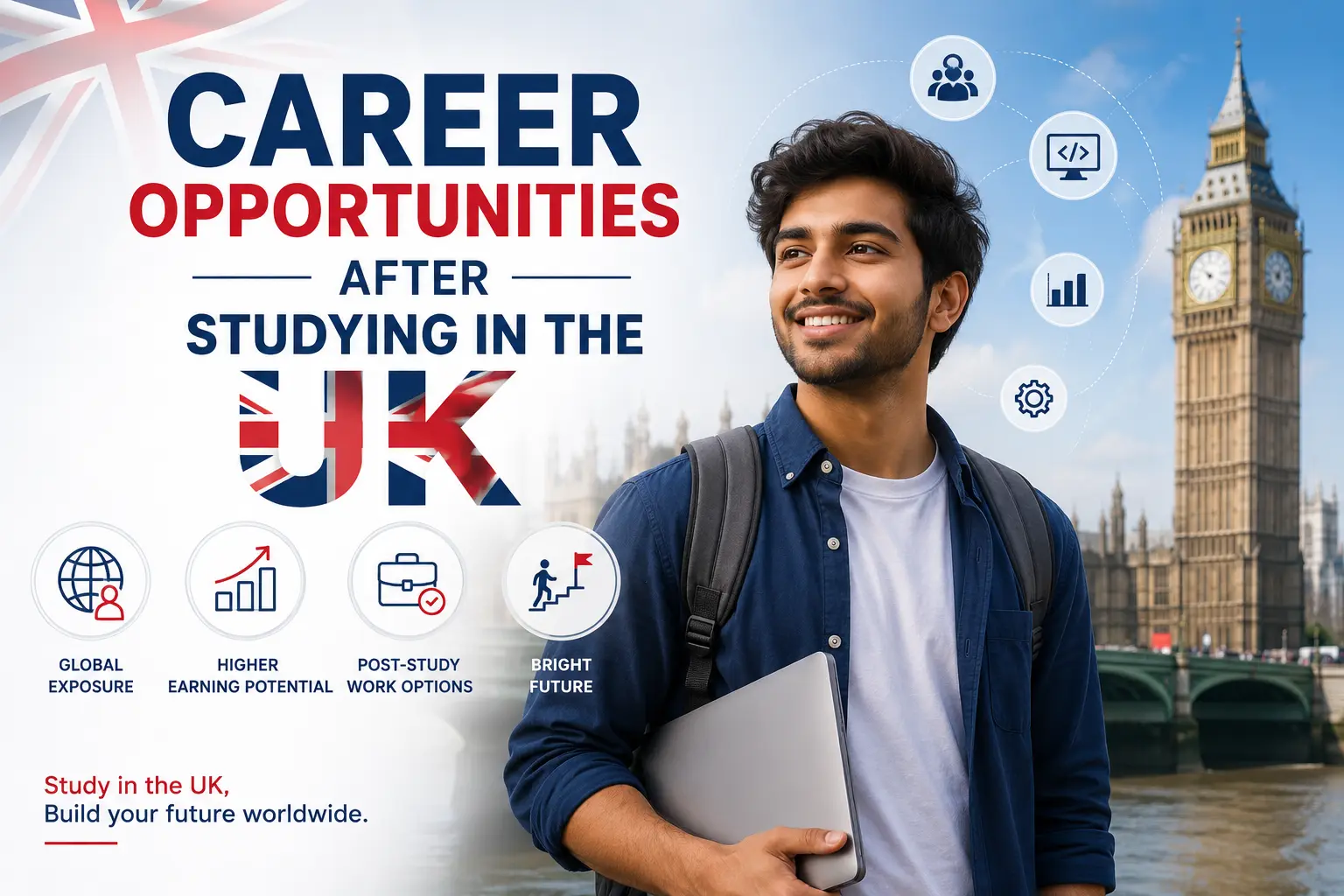 Career Opportunities After Studying in the UK blog featured image showing an international student with Big Ben and career growth icons.