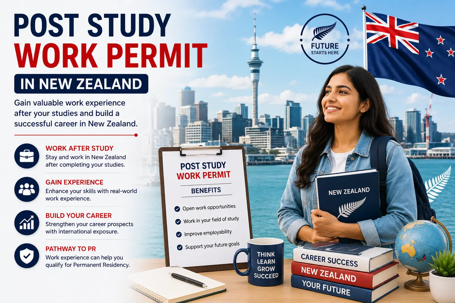 Post study work permit in New Zealand with international student, Auckland skyline, career opportunities, and graduate work visa.