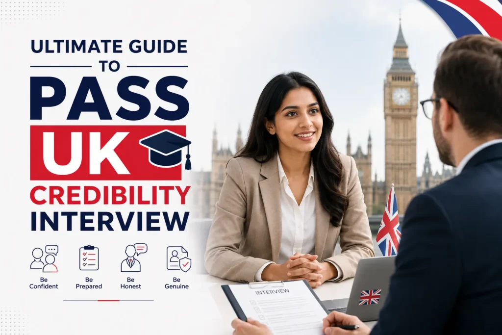Ultimate Guide to Pass UK Credibility Interview with student attending a UK university interview in front of Big Ben and London skyline.