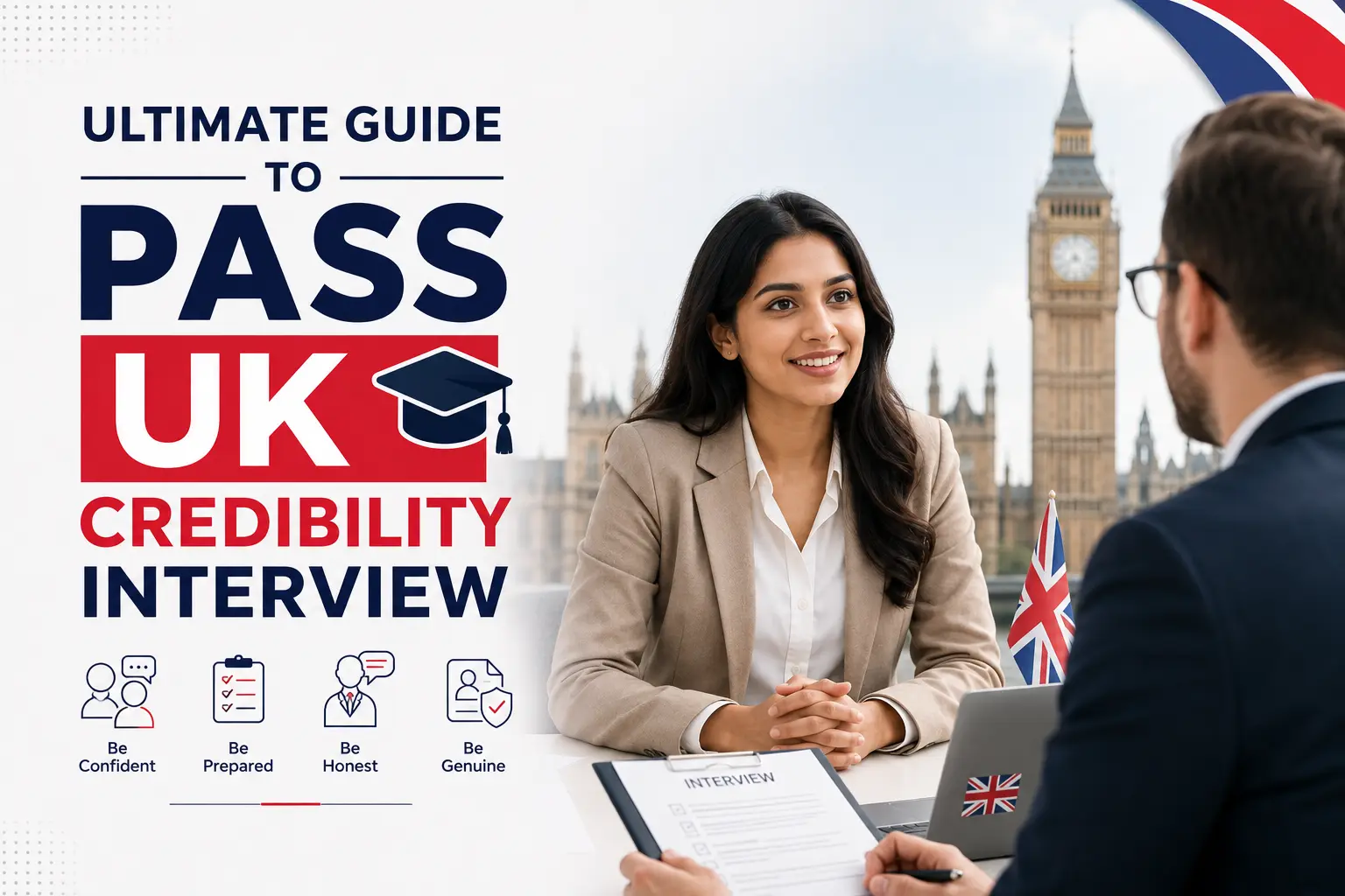 Ultimate Guide to Pass UK Credibility Interview with student attending a UK university interview in front of Big Ben and London skyline.
