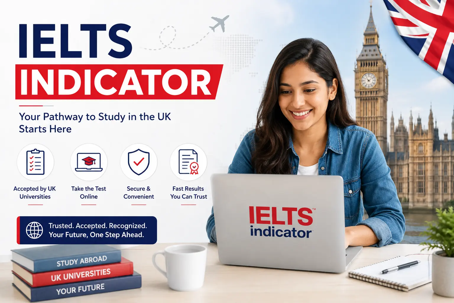 IELTS Indicator online English proficiency test for UK universities with student taking the exam remotely and London landmarks in the background.