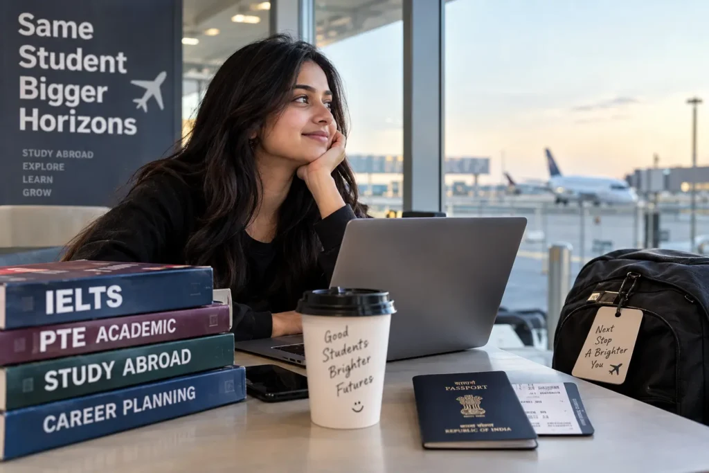 Indian student preparing to study abroad with laptop and passport