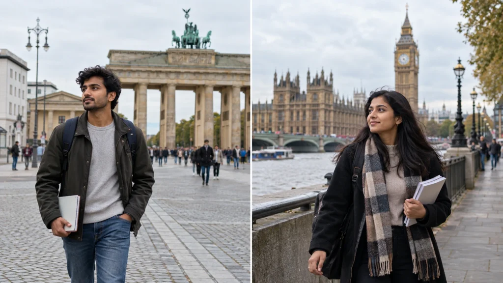 Indian students near Brandenburg Gate in Berlin and Big Ben in London