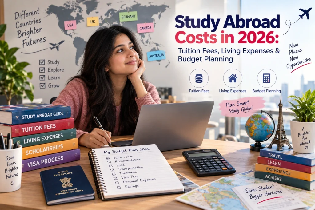 Indian student planning study abroad costs, tuition fees and living expenses in 2026