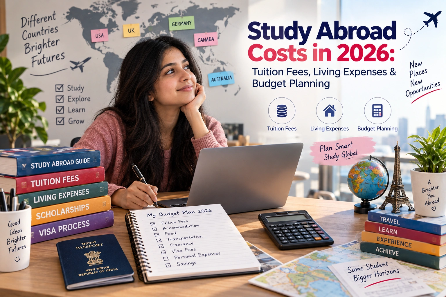 Indian student planning study abroad costs, tuition fees and living expenses in 2026