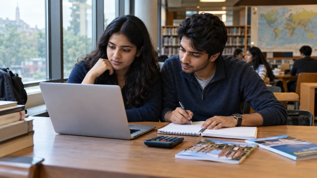 Two Indian students researching study-abroad options with a laptop, notebook and calculator in a library