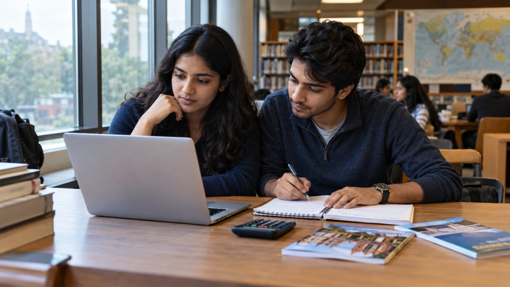 Two Indian students researching study-abroad options with a laptop, notebook and calculator in a library